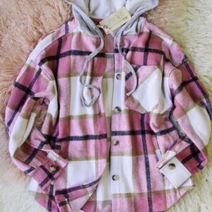 Pink Plaid Hooded Shirt Jacket